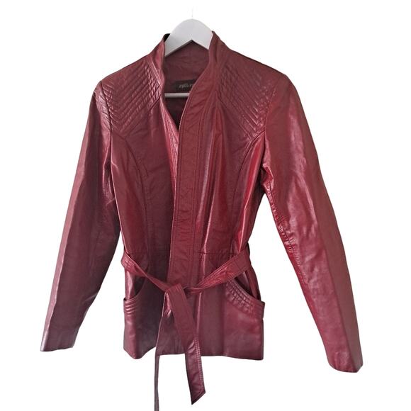 Split End Limited Red Leather High Neck Long Sleeve Jacket with Belt  - Size 11 - Picture 4 of 8